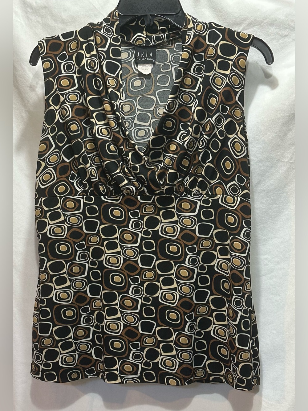 JKLA Sleeveless Cowl Neck in Black with Brown & Cream Geo Print.